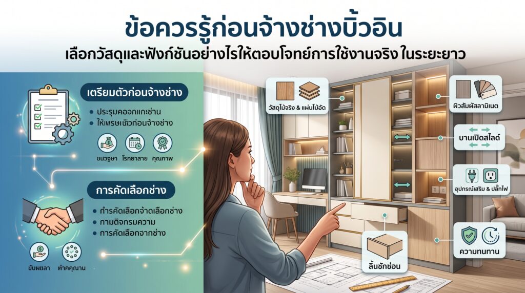 ข้อควรรู้ก่อนจ้างช่างบิ้วอิน เลือกวัสดุและฟังก์ชันอย่างไรให้ตอบโจทย์การใช้งานจริงในระยะยาว